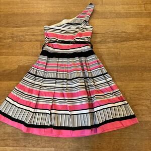 London Times one shoulder pink black fit & flare pleated knee length sz 8